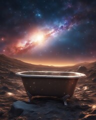 Wall Mural - metal bathtub in a space setting on an empty planet, stars and galaxies in the background