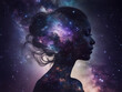 © JL stock - Side portrait of a woman and the universe on double exposure. Concept for consciousness and philosophy