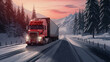 Red cargo truck driving on icy and snowy road during winter, logistics and transport concept