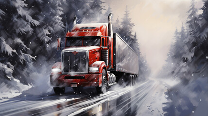 Wall Mural - Red cargo truck driving on icy and snowy road during winter, logistics and transport concept