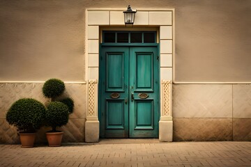 Wall Mural - Green old vintage wooden victorian european front door or back door and a window as a backdrop or background design element.