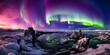 Aurora Borealis, high dynamic range, vibrant emerald and violet arches, barren tundra foreground