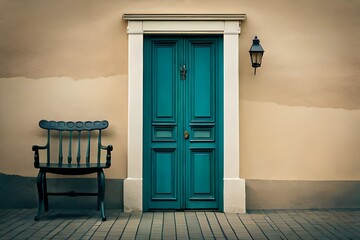 Wall Mural - Blue old vintage wooden victorian european front door or back door and a window as a backdrop or background design element.