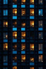 Wall Mural - a building with large square windows dark black and blue precision art close-up