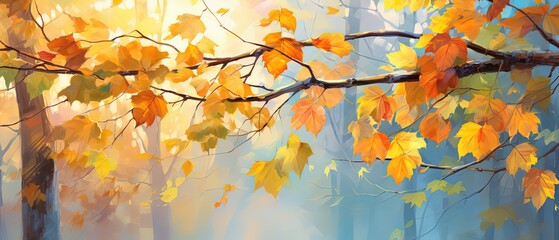 Wall Mural - illustration of orange leaves branch with sunlight and bokeh, peaceful Autumn and fall season foliage wallpaper background, Generative Ai