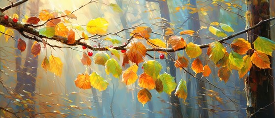 Wall Mural - illustration of orange leaves branch with sunlight and bokeh, peaceful Autumn and fall season foliage wallpaper background, Generative Ai