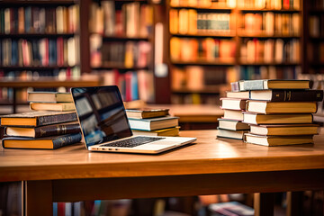 laptop on table in library, concept of learning and information search