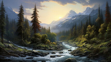 Sticker - beautiful landscape with mountain river and forest