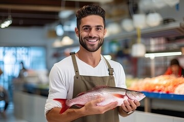 A young, happy man in a supermarket specializes in fresh seafood, ensuring professional service and quality.