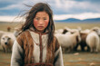 A Mongolian little girl in traditional clothing, standing proudly on the vast Mongolian steppe, with yurts in the distance and herds of livestock