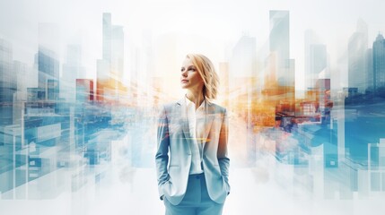 Businesswoman and cityscape blend in captivating double exposure photography