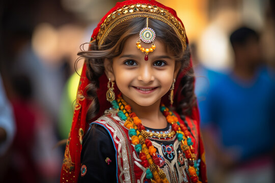 A little girl from the Sindhi community in South Asia, adorned in traditional festival attire, participating in a lively cultural celebration.
