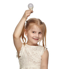 Blonde baby 6 years old, in a white dress shows a emotion chart