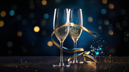 Wall Mural - two glasses of champagne with elegantly curved divine gift ribbon as decoration with text area in front of a bokeh background