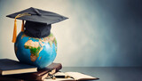 Fototapeta  - Graduation cap with Earth globe. Concept of global business study, abroad educational, Back to School