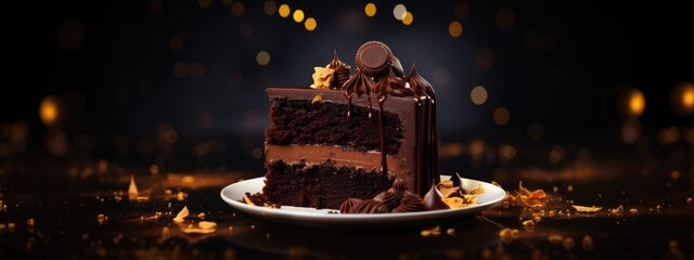 Slice of tasty homemade chocolate pie on table. Peanut and caramel cake with chocolate topped on white plate on dark background with golden lights. Minimal food concept for design, menu, banner