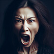 © Igor - An angry woman with an open mouth on a dark background. ai generative