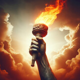 Fototapeta  - Glorious hand holds flaming torch against cloudy sky. ai generative