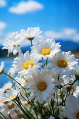 Wall Mural - Beautiful spring summer natural floral background with daisy flowers in front of bright blue sky with white clouds on nature