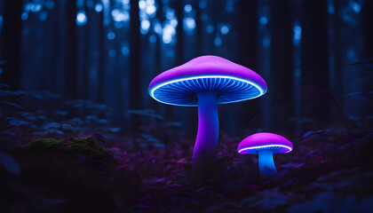 Wall Mural - Mushroom glowing in a dark forest. Neon Mushrooms. Bioluminscence - Natural Beauty.