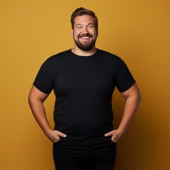 Fat man smiling in black t-shirt on yellow background isolated AI