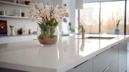 Wall Mural - White countertop or kitchen island on a modern blurred bright kitchen interior in the background