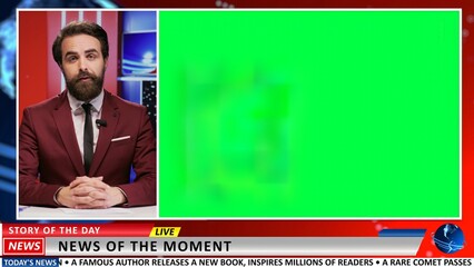 Journalist gives news with greenscreen on live television program, using modern technology copyspace template in newsroom. Man reporter talks about breaking news, politics or economics.