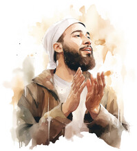 Muslim Man Salah Praying For Blessings From God , Watercolor Clipart