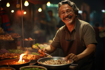 Sticker - A street vendor grinning as he serves up delicious local street food, representing the happiness derived from savoring culinary delights. Concept of gastronomy and culture. Generative Ai.