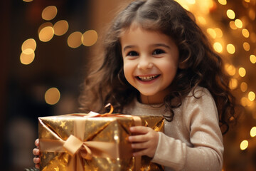 Poster - A child excitedly unwrapping a gift on their birthday, radiating the happiness of receiving a special surprise. Concept of celebrations and gift-giving. Generative Ai.