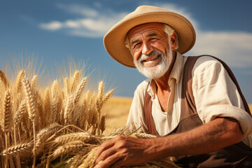 Canvas Print - A farmer contentedly working in his bountiful fields, demonstrating the happiness that comes from a fruitful harvest. Concept of agriculture and sustainability. Generative Ai.