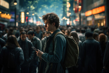 Canvas Print - A person in a crowded urban area, feeling isolated in the midst of the bustling city. Concept of urban loneliness and disconnection. Generative Ai.