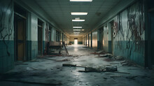 Vacant Hospital Corridor, Peeling Paint And Shattered Windows