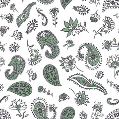 Wall Mural - Ethnic sage green paisleys with flowers seamless repeat pattern on white background. Traditional, random placed, vector all over scarf print.