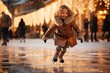 Beautiful little cute girl learn to skate on ice skating rink in park. Fall down and have fun. Stylish look, warm woolen coat, white hat, scarf, snood. Winter family activities, sport, games outdoors.