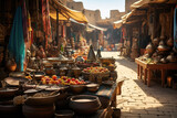 Fototapeta  - An Arabian bazaar with colorful textiles, spices, and bustling market activity. Concept of cultural diversity and trade. Generative Ai.