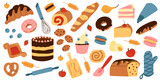 Fototapeta Pokój dzieciecy - Vector set with sweet pastries in cartoon style. Baked goods and devices - French baguette, donut, croissant, bun, cake, cookies, eclair, macaron, cupcake, rolling pin, whisk. Hand drawn style. 