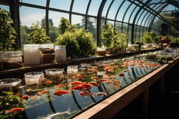 Wall Mural - An aquaponic system inside a greenhouse, demonstrating the synergy between fish farming and plant cultivation. Generative Ai.