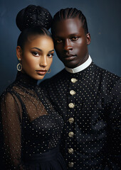 Stunningly beautiful mixed race model couple dressed in black and white high fashion 