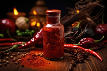 Wall Mural - Piquant Spice Medley: On a clean wooden surface, a medley of fiery sauce, hot peppers, and assorted spices creates a visually stunning and mouthwatering composition