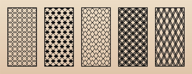 Aufkleber - Decorative panels for laser cut, CNC cutting. Cutout silhouette with abstract geometric pattern, grid, diamonds, rhombuses, thin lines, lattice. Modern vector stencil for wood, metal. Aspect ratio 1:2