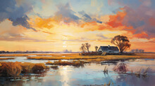 An Impressionist Oil Painting Of A Sunset Over A Marsh