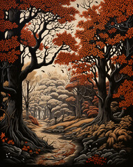 An oil painting of a forest with orange trees and leaves in autumn