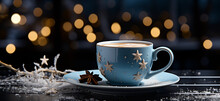 A Coffee Cup With Snowflakes And A Blurred Winter Background With Lights. Generative AI. 