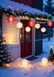 Christmas Paper Lanterns In A Snowy Outdoor Setting, At Dusk.