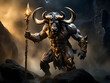 In an enchanting scene, a fiercely passionate minotaur stands with zeal, gripping a majestic golden staff, captured in a breathtaking environmental portrait. 
