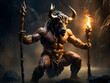 In an enchanting scene, a fiercely passionate minotaur stands with zeal, gripping a majestic golden staff, captured in a breathtaking environmental portrait. 