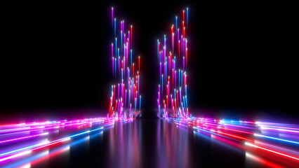 Wall Mural - sci fi neon glowing particles in a dark hall. reflections on the floor and walls. colorful neon line