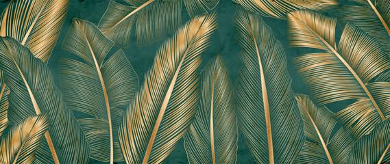 Wall Mural - abstract luxury art background with tropical leaves in golden line art style. botanical banner for d