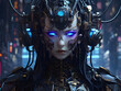  A hauntingly beautiful darkwave-driven dieselpunk digital avatar in anime, with glowing neon eyes, porcelain skin, and an intricately designed cloak amid a cityscape of foggy skyscrapers